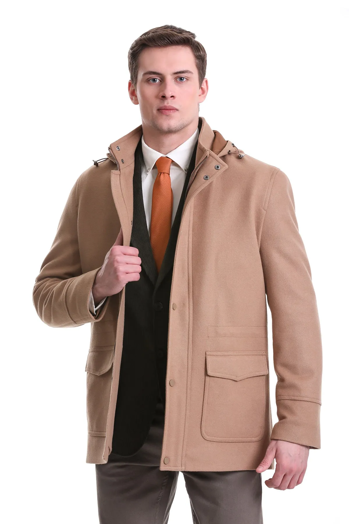 Slim Fit Cachet Stand Collar Camel Hooded Coat