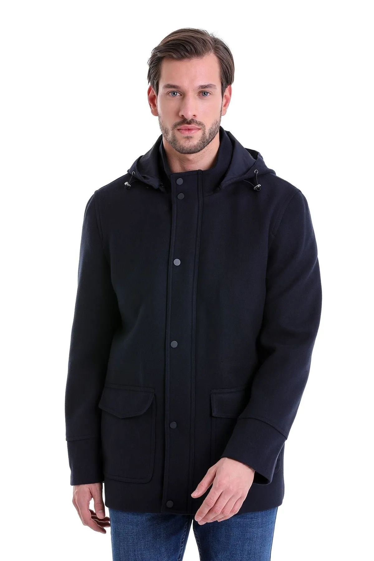 Slim Fit Cachet Stand Collar Navy Hooded Coat