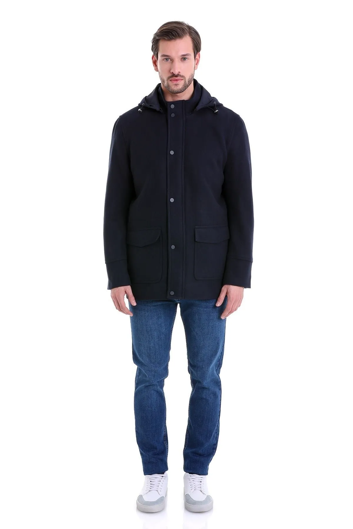 Slim Fit Cachet Stand Collar Navy Hooded Coat