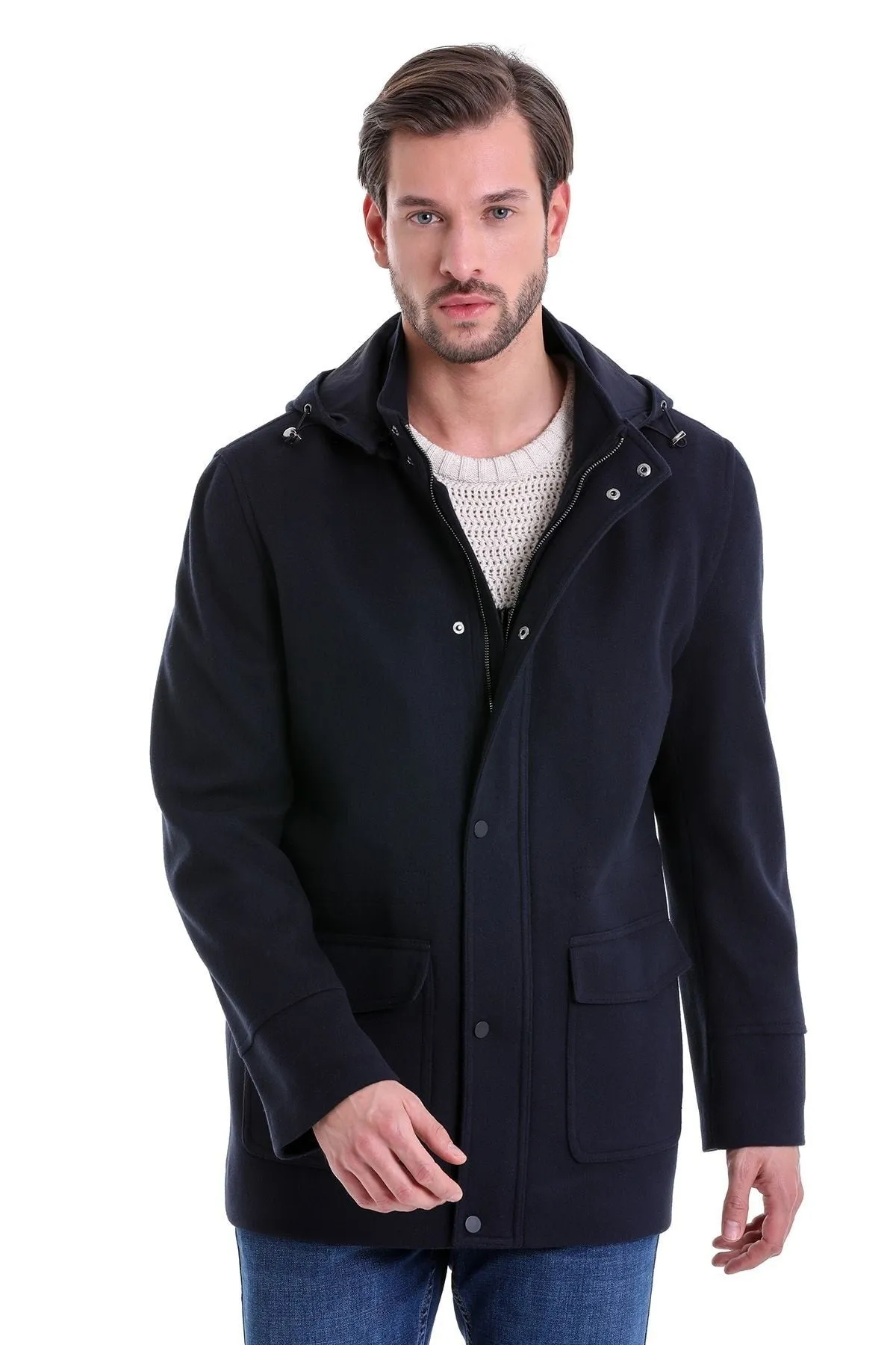 Slim Fit Cachet Stand Collar Navy Hooded Coat