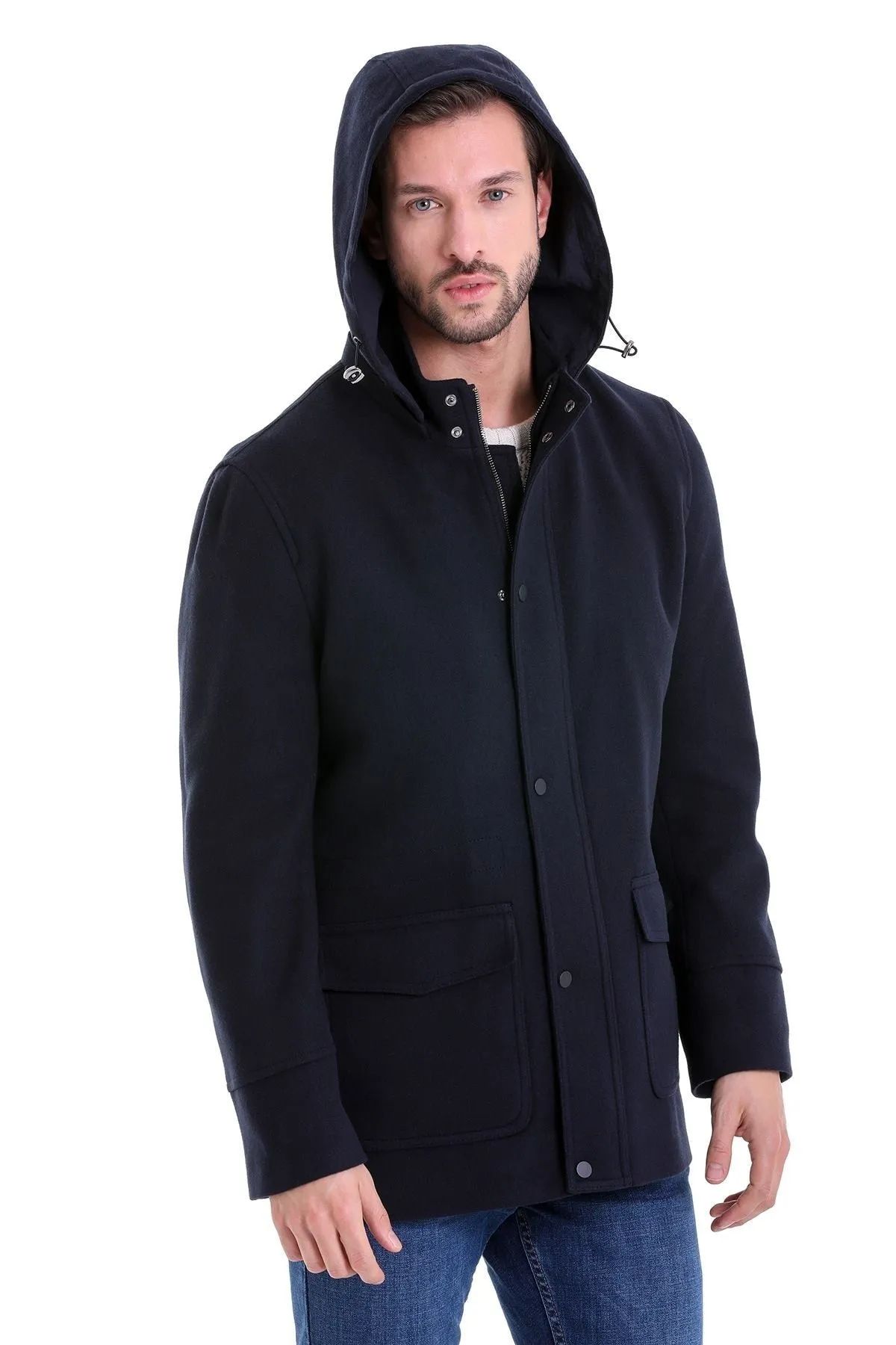 Slim Fit Cachet Stand Collar Navy Hooded Coat