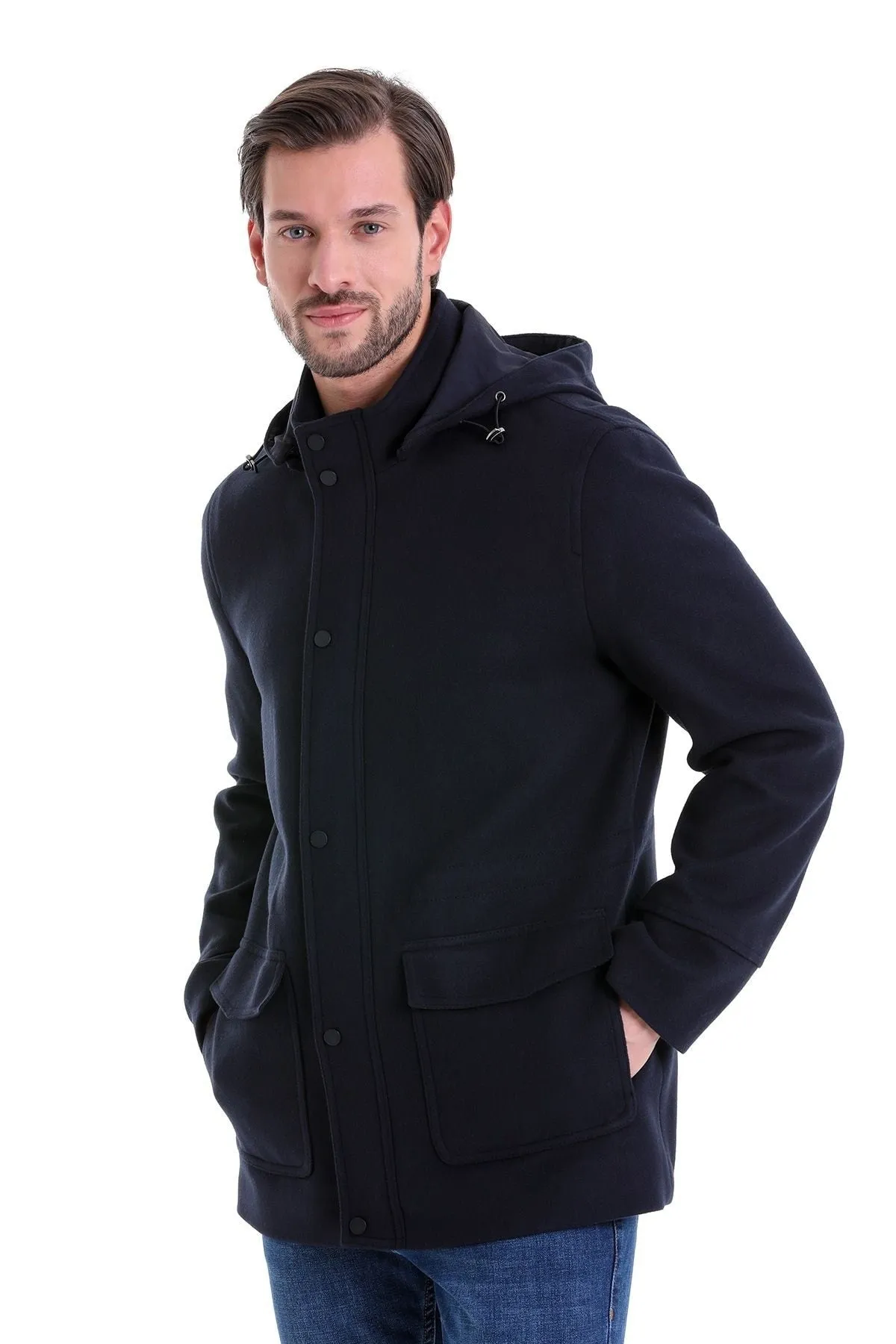 Slim Fit Cachet Stand Collar Navy Hooded Coat