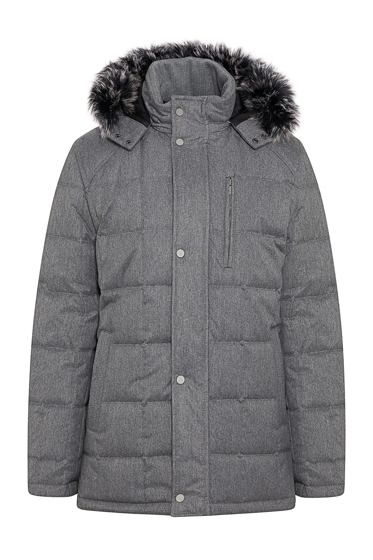 Slim Fit Eagle Furry Hooded Navy Coat, Gray