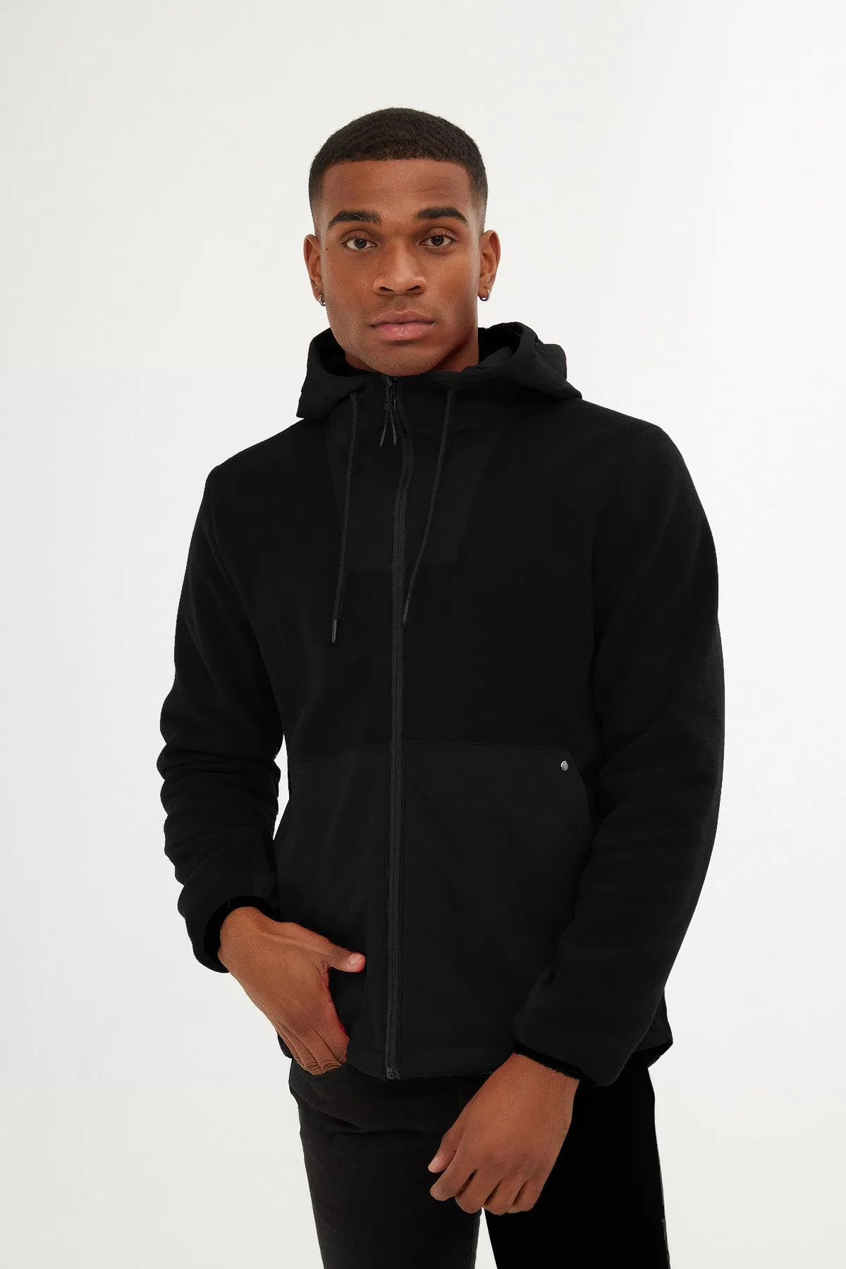 Slim Fit Fleece Polar Casual Black Hooded Coat