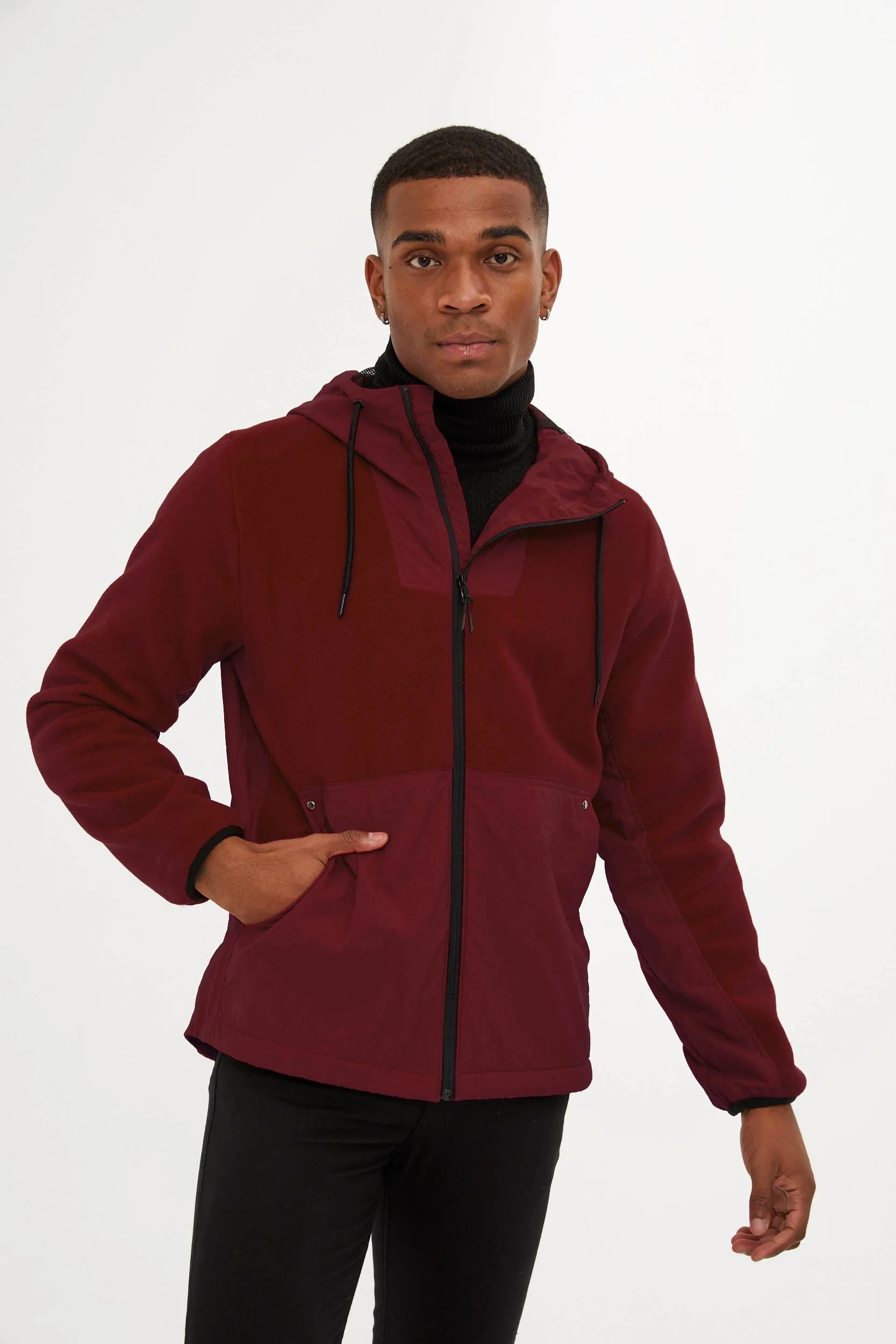 Slim Fit Fleece Polar Casual Burgundy Hooded Coat