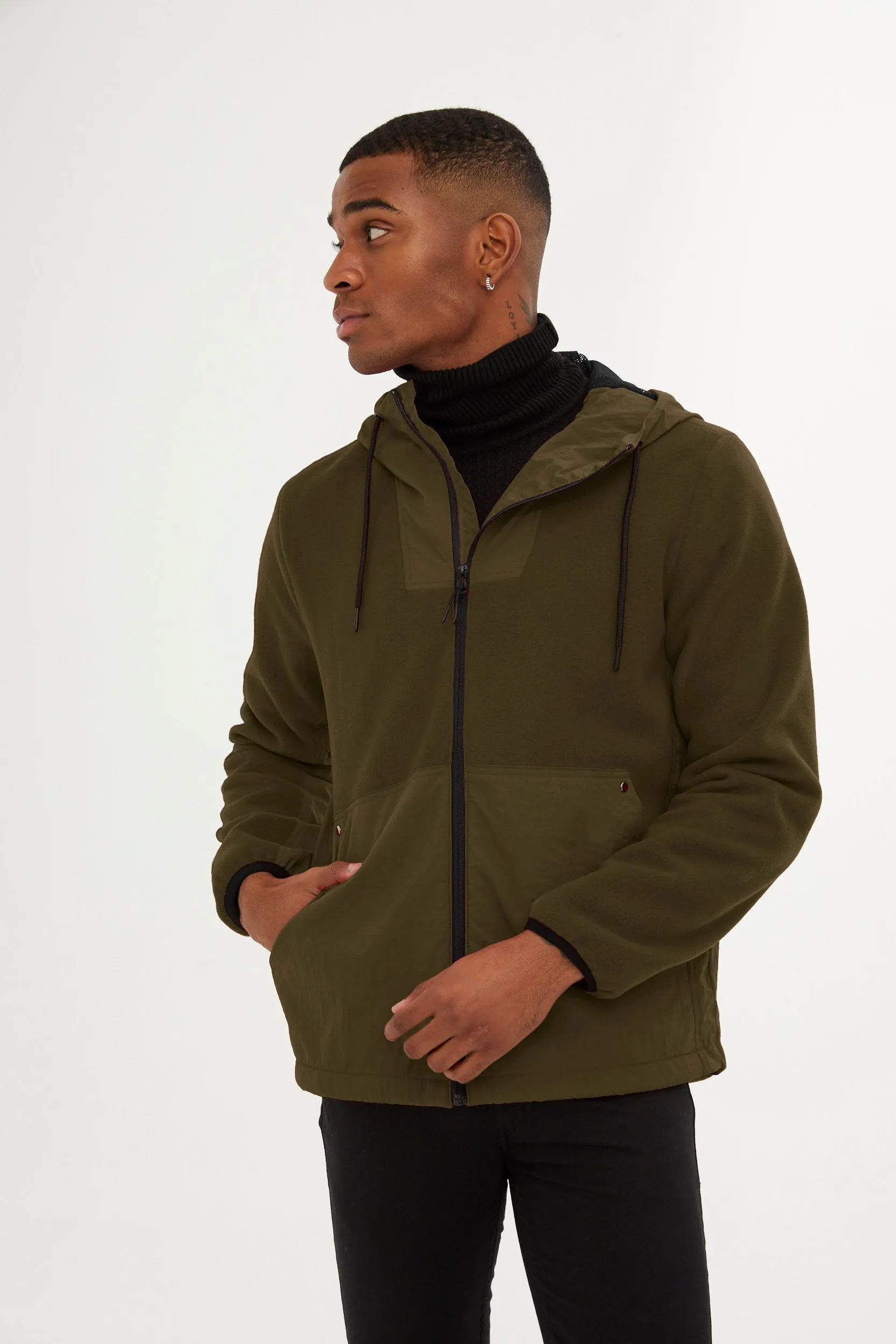 Slim Fit Fleece Polar Casual Khaki Hooded Coat