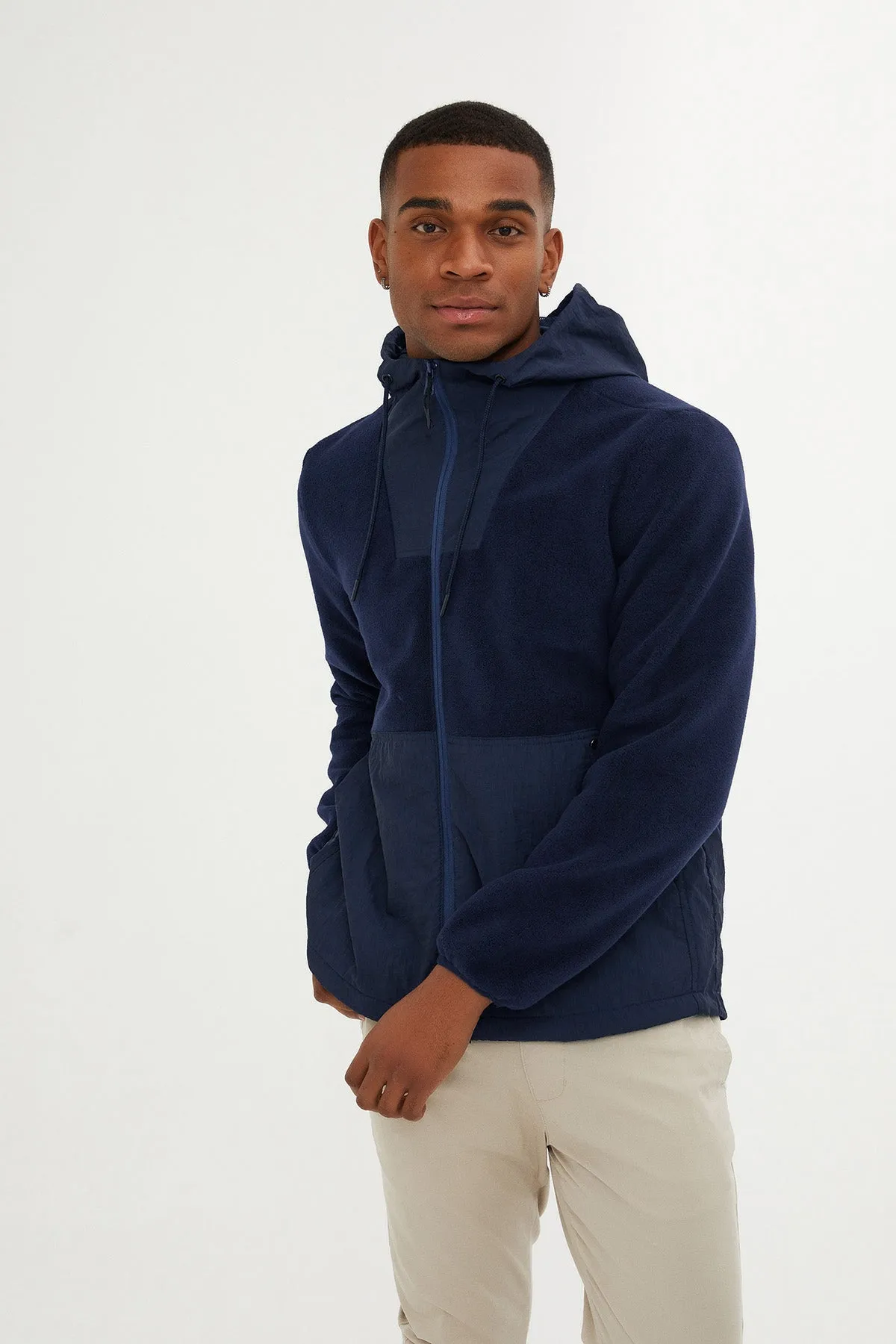 Slim Fit Fleece Polar Casual Light Navy Hooded Coat