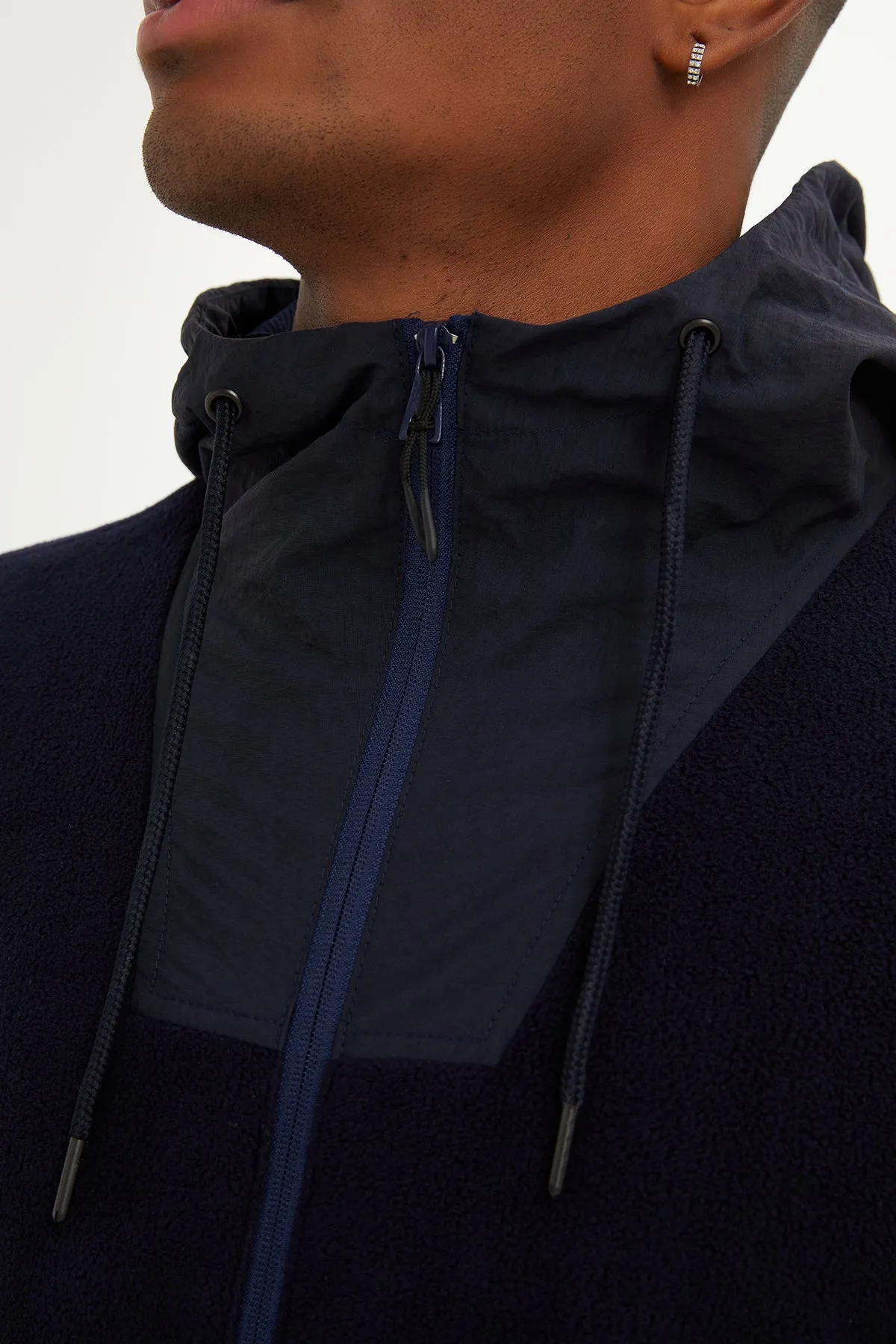 Slim Fit Fleece Polar Casual Navy Hooded Coat