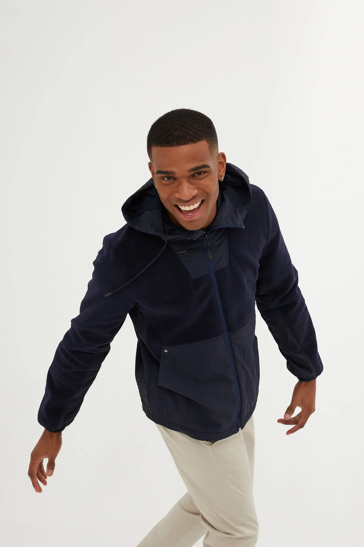 Slim Fit Fleece Polar Casual Navy Hooded Coat