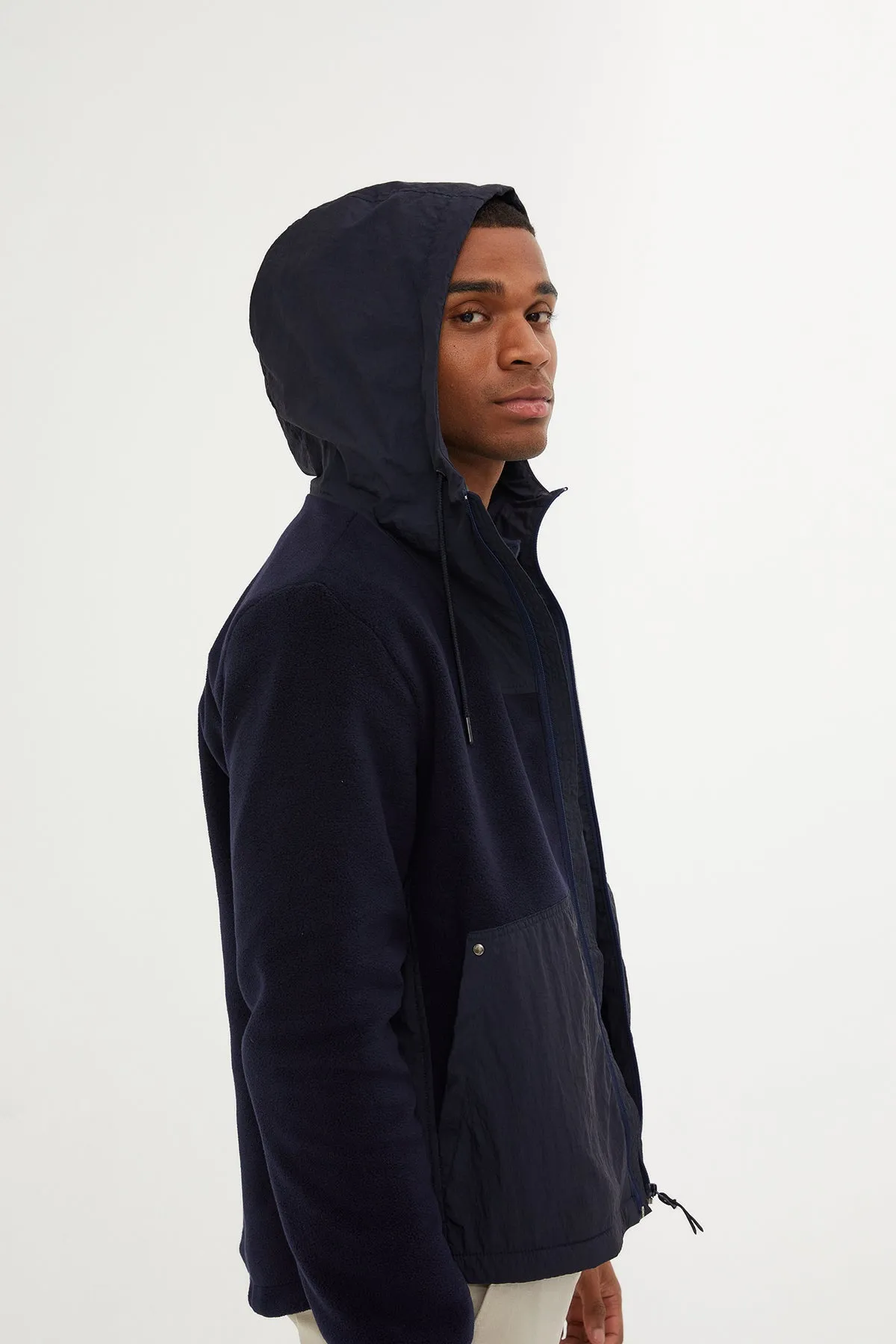 Slim Fit Fleece Polar Casual Navy Hooded Coat