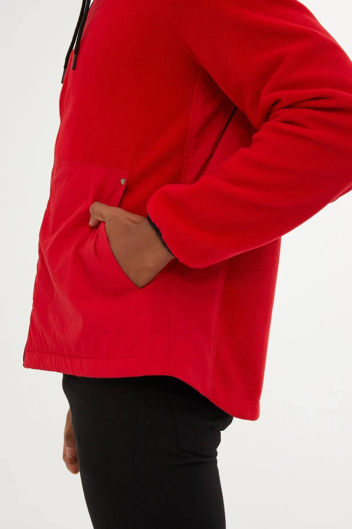 Slim Fit Fleece Polar Casual Red Hooded Coat