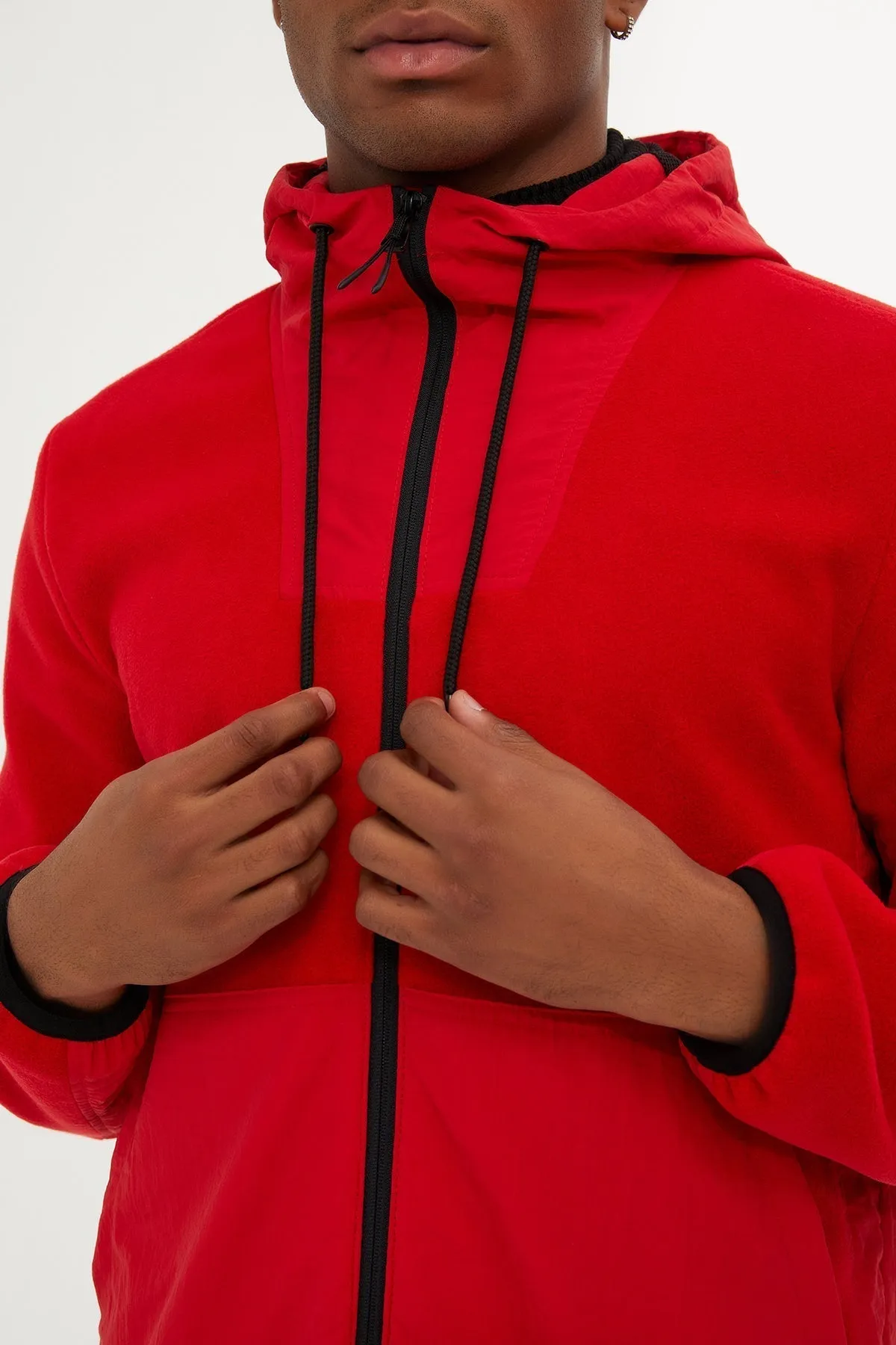 Slim Fit Fleece Polar Casual Red Hooded Coat