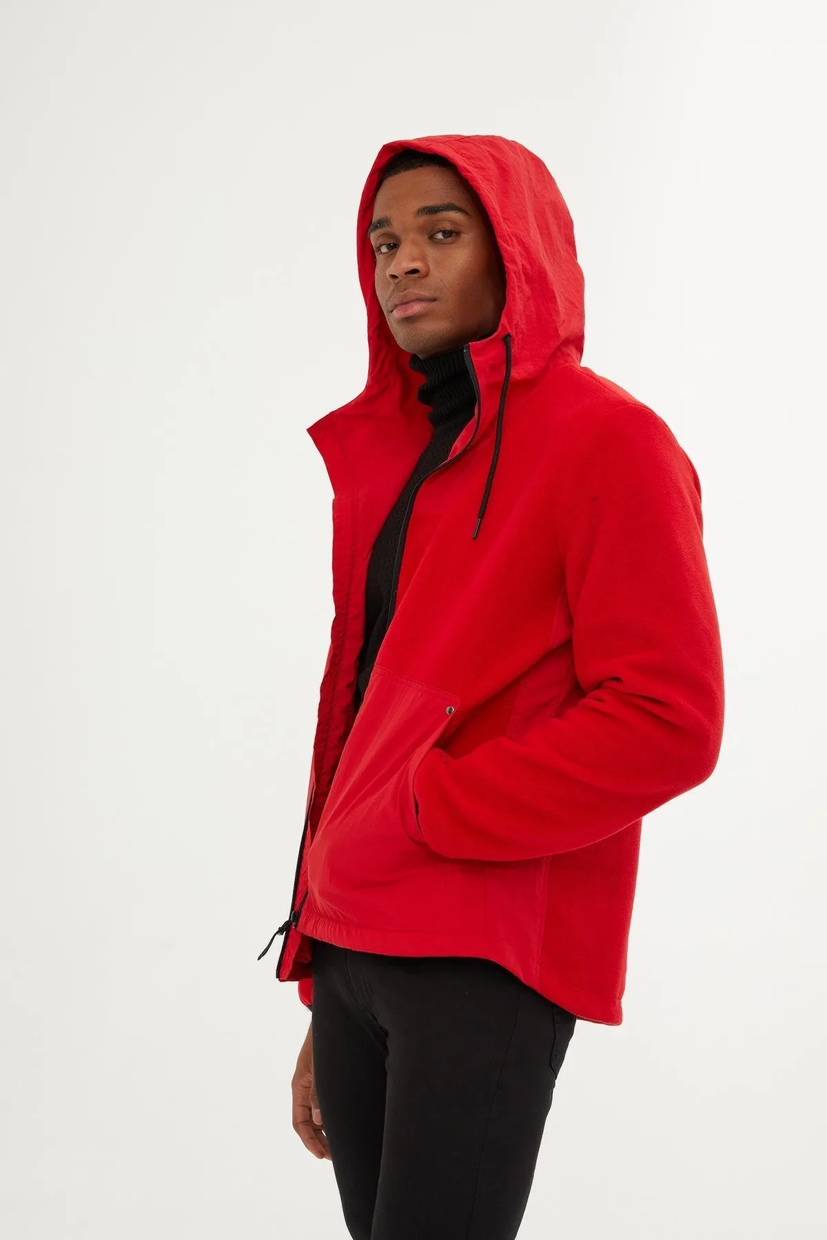 Slim Fit Fleece Polar Casual Red Hooded Coat