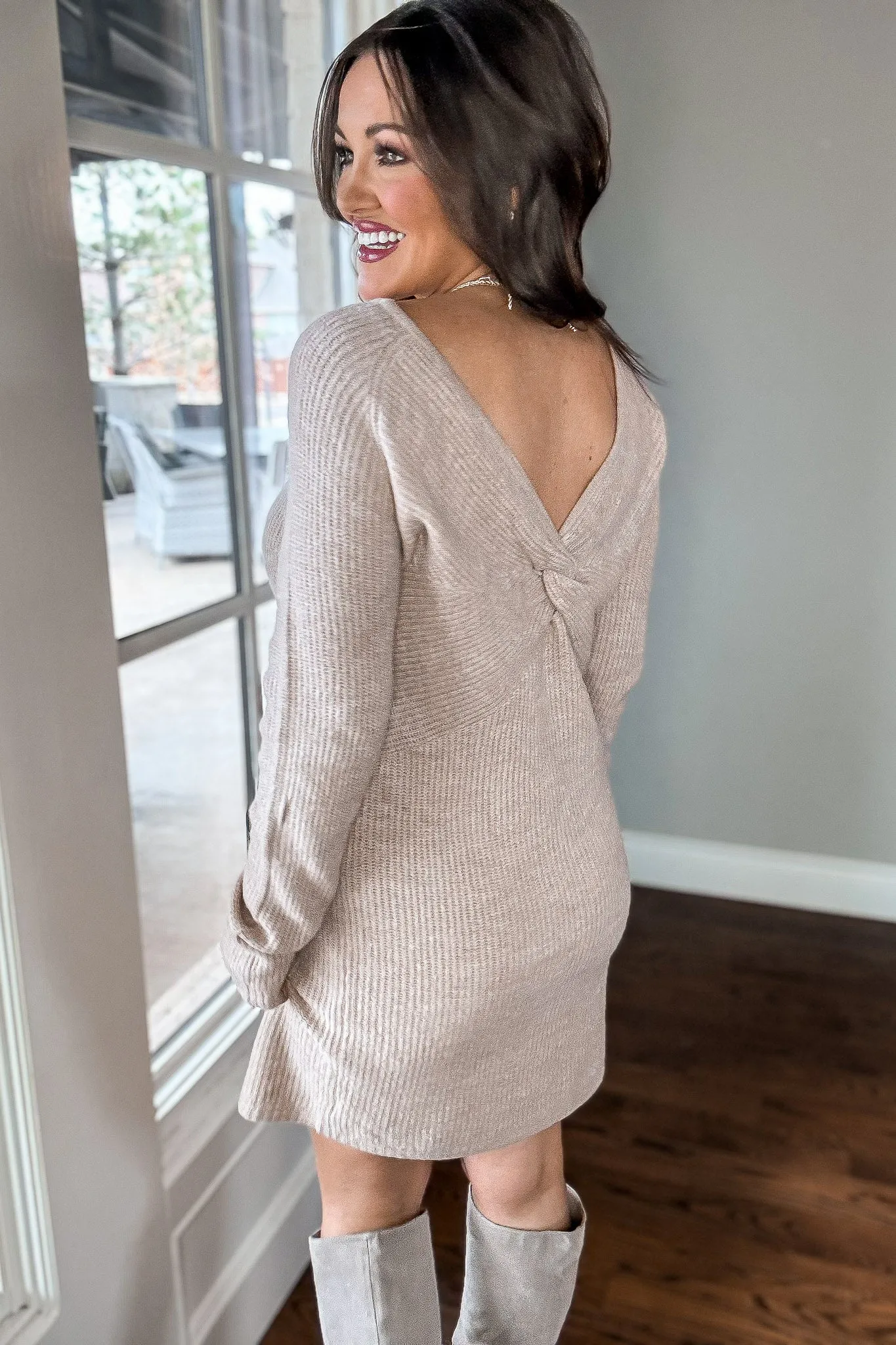 Twist Light Tan Two-Tone Sweater Dress