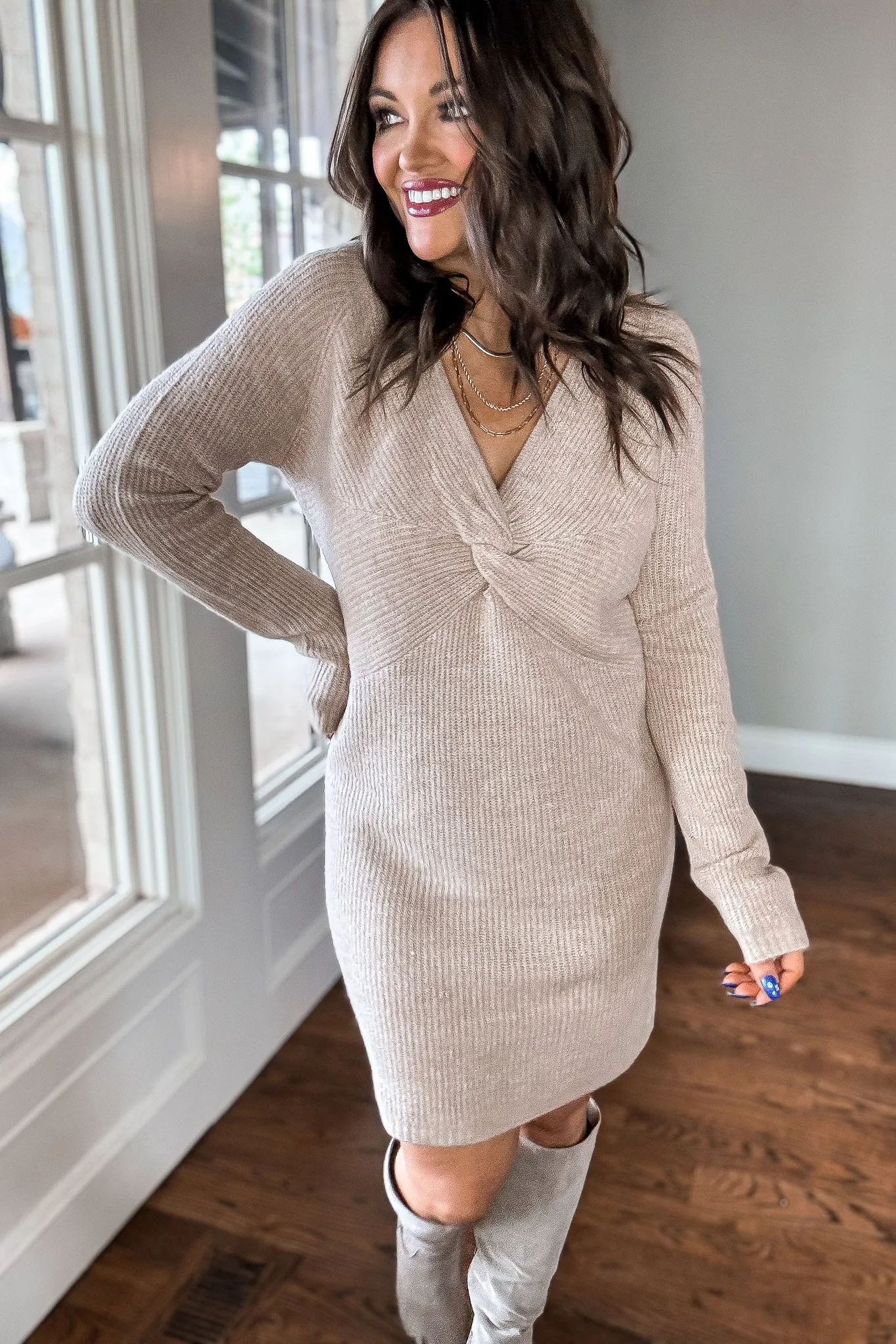 Twist Light Tan Two-Tone Sweater Dress