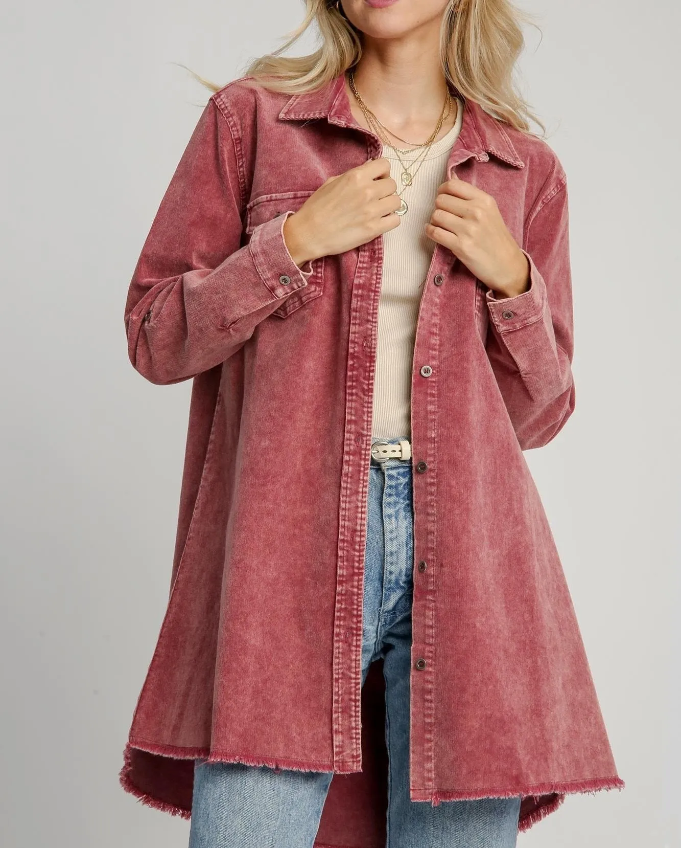 Umgee USA Wine Denim Jacket Raw Hem Button Down With Chest Pockets