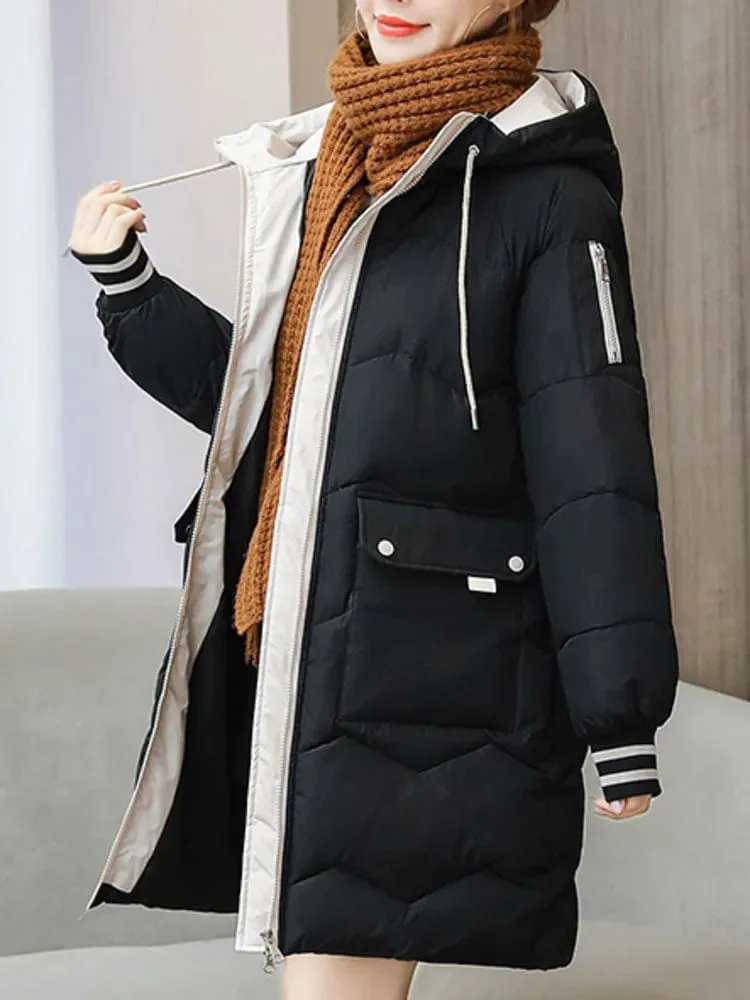 Warmth in Style: Long Hooded Parka for Women, Windproof Winter Jacket with Down Cotton, Ideal for Casual Wear