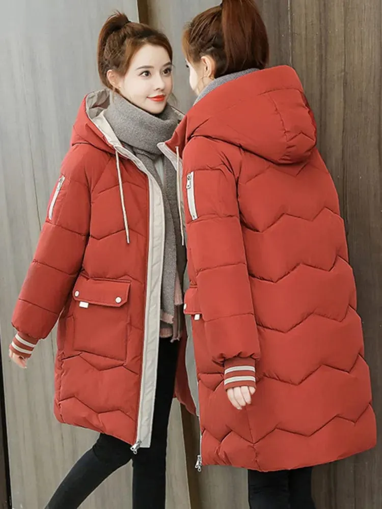 Warmth in Style: Long Hooded Parka for Women, Windproof Winter Jacket with Down Cotton, Ideal for Casual Wear