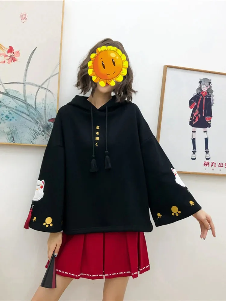 Women Cotton Hooded Sweatshirts With Cartoon Embroidery Casual Hoodies Flare Sleeve Balck Harakuju Pullover Kawaii Chothes