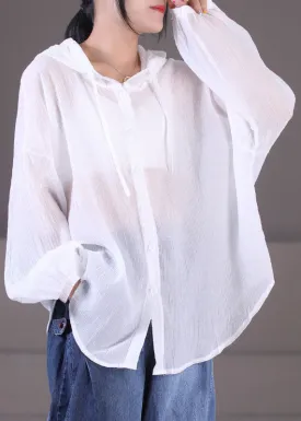 Women White Solid Color Drawstring Hooded Cotton Loose Coat Long Sleeve