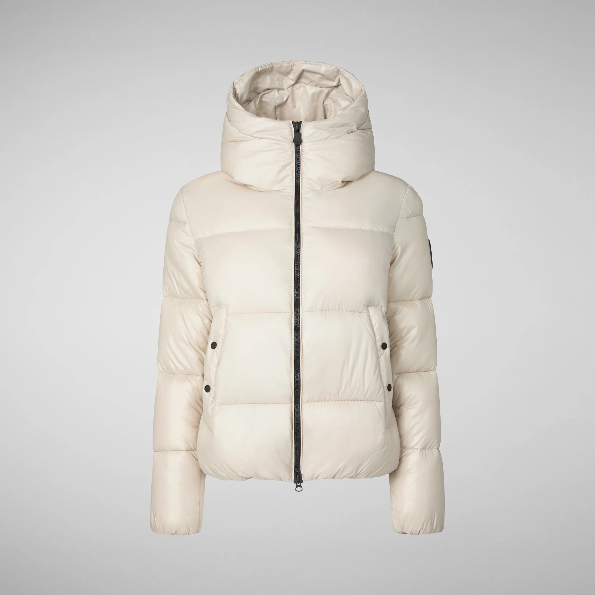 Women's Hooded Animal free Puffer Jacket Biddy in Rainy Beige