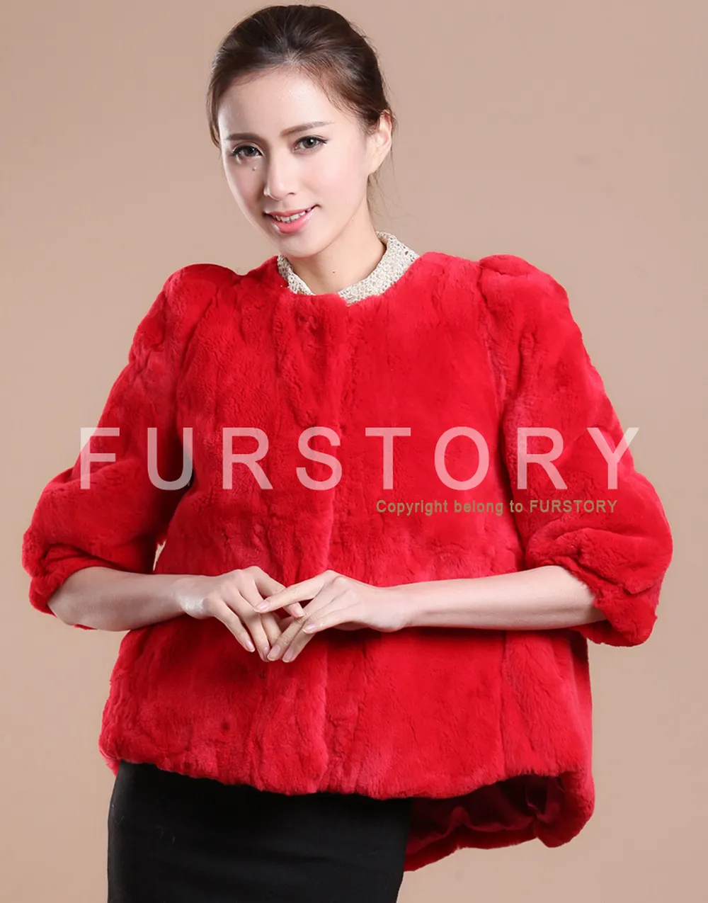 Women's Natural Rex Rabbit Fur Coat with Big Skirt Hem Half Sleeve