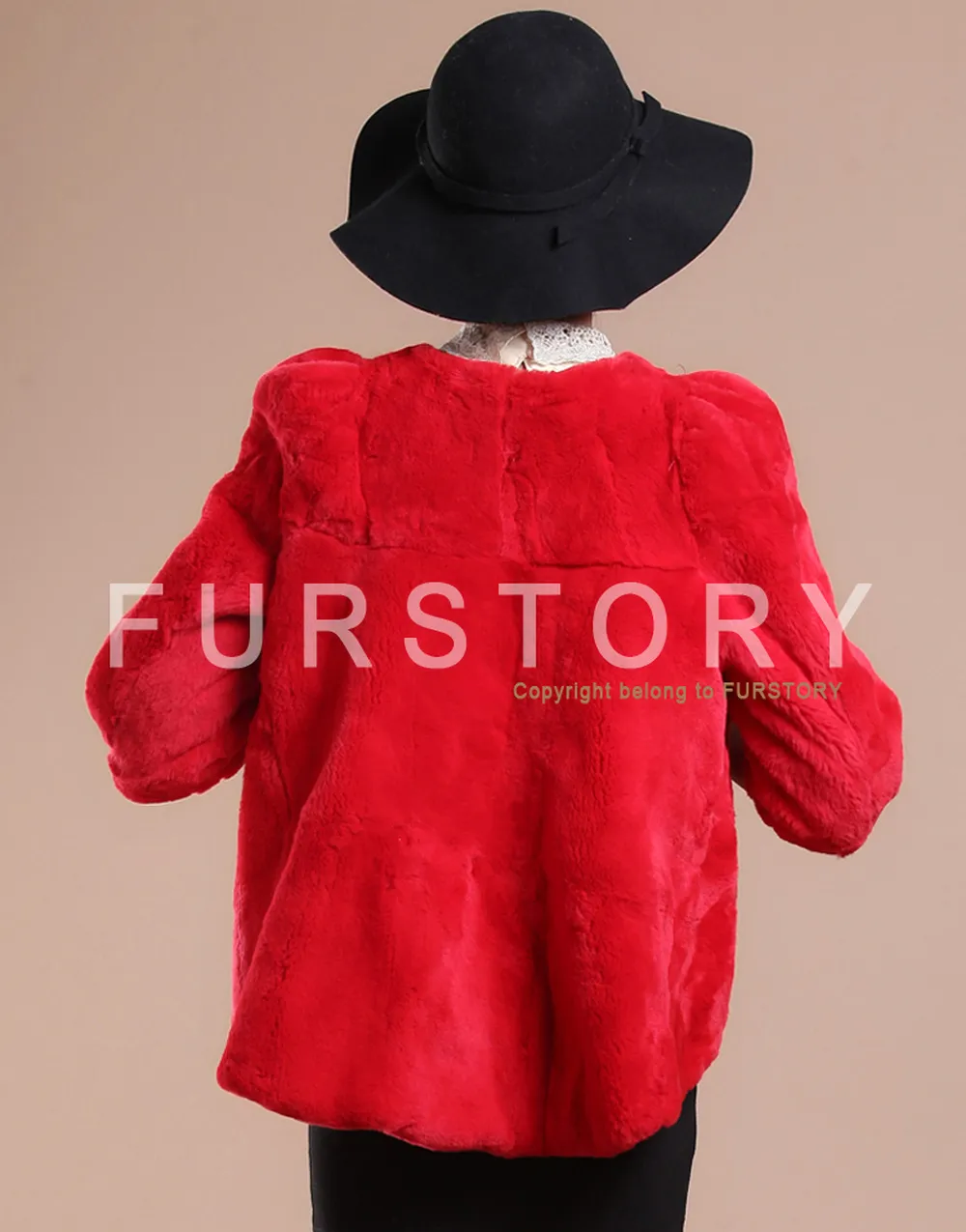 Women's Natural Rex Rabbit Fur Coat with Big Skirt Hem Half Sleeve