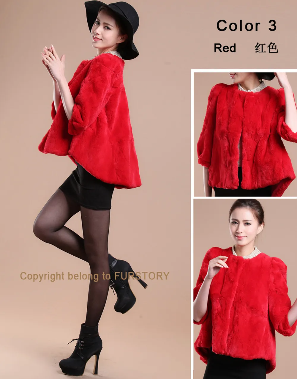 Women's Natural Rex Rabbit Fur Coat with Big Skirt Hem Half Sleeve