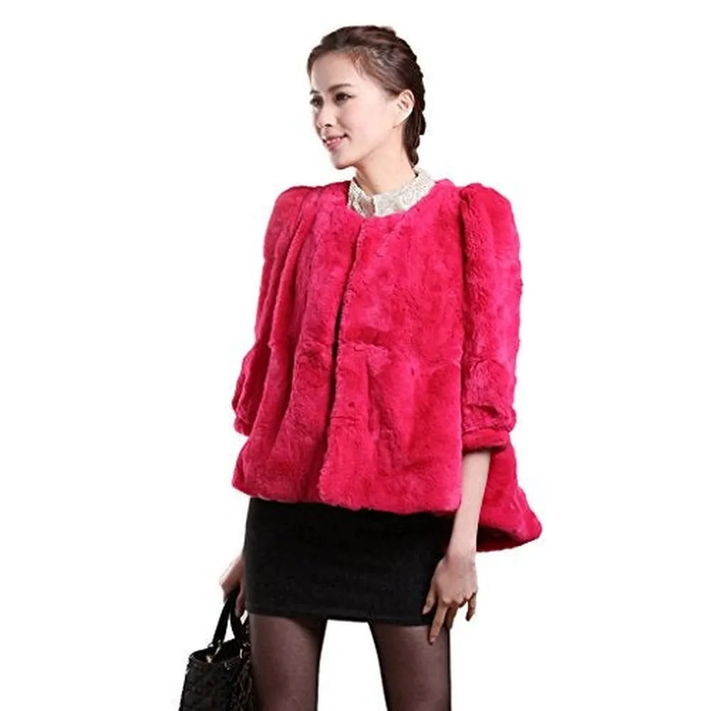 Women's Natural Rex Rabbit Fur Coat with Big Skirt Hem Half Sleeve