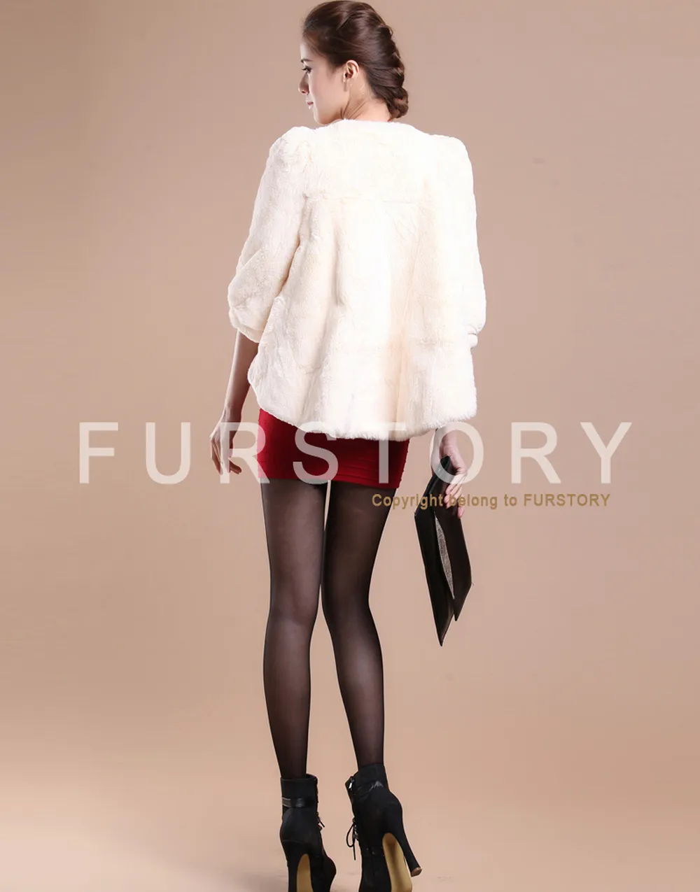 Women's Natural Rex Rabbit Fur Coat with Big Skirt Hem Half Sleeve