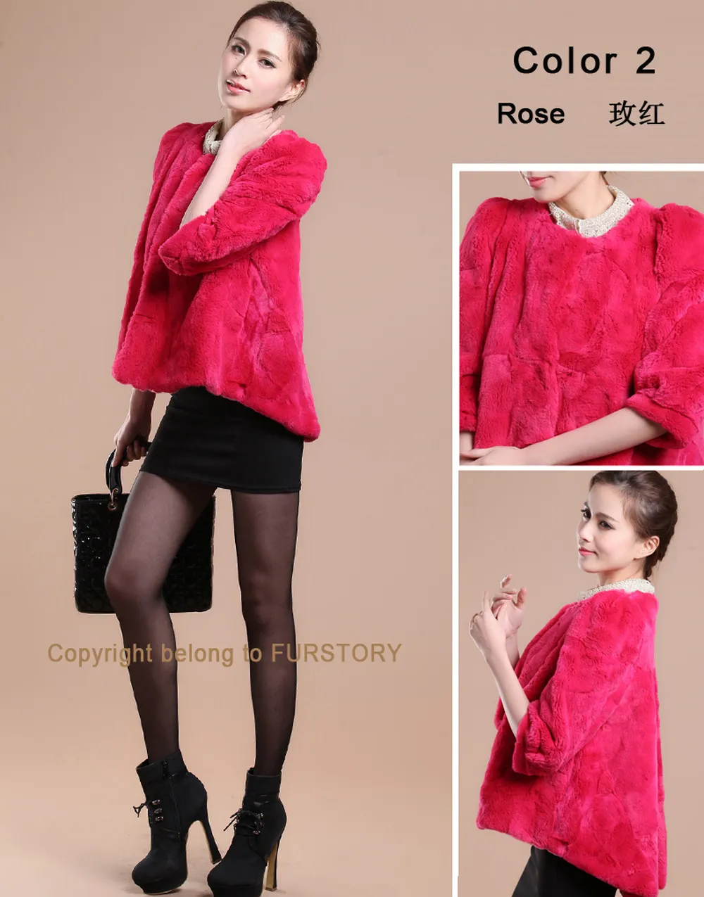 Women's Natural Rex Rabbit Fur Coat with Big Skirt Hem Half Sleeve