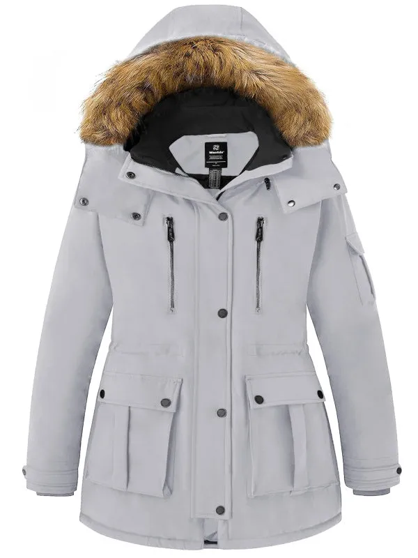 Women's Plus Size Puffer Jacket Warm Winter Parka Coat with Removable Fur Hood Regenerated Polyester