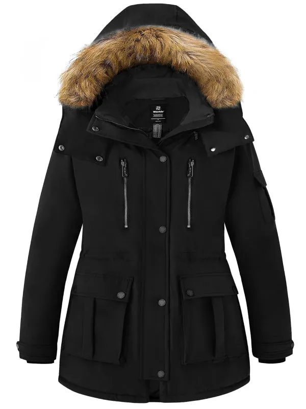 Women's Plus Size Puffer Jacket Warm Winter Parka Coat with Removable Fur Hood Regenerated Polyester