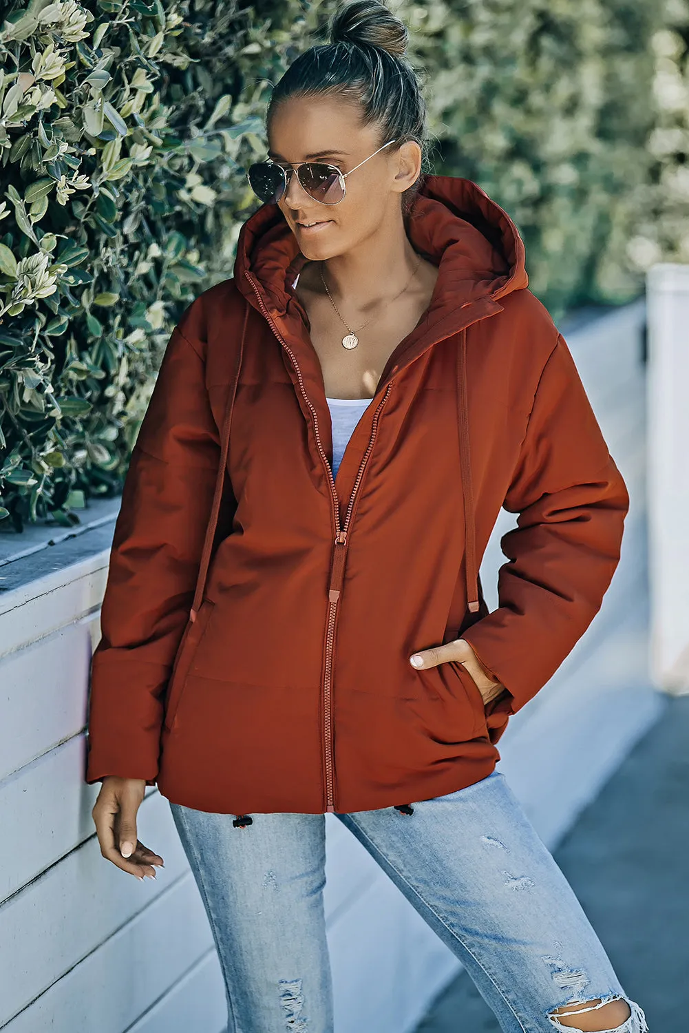 Zipper Hooded Coat With Pocket