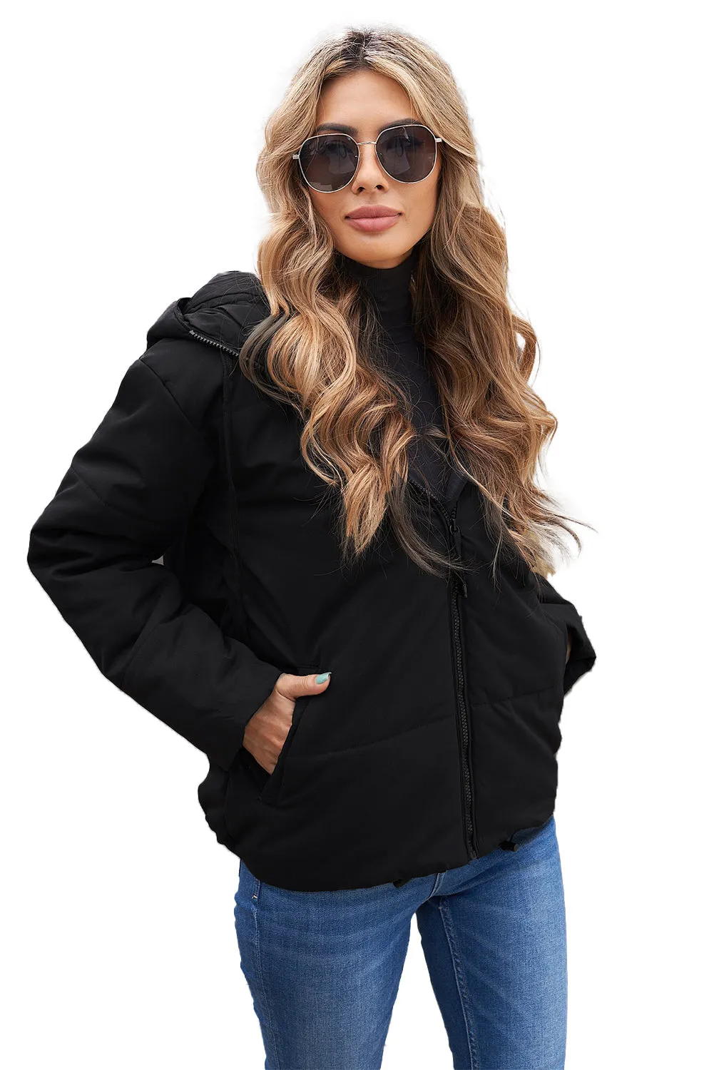 Zipper Hooded Coat With Pocket